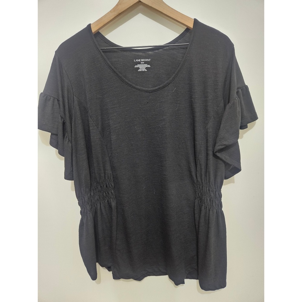 Lane Bryant Black Ruffle Flutter Sleeve Cinch Waist Top Blouse 22/24 Plus Size